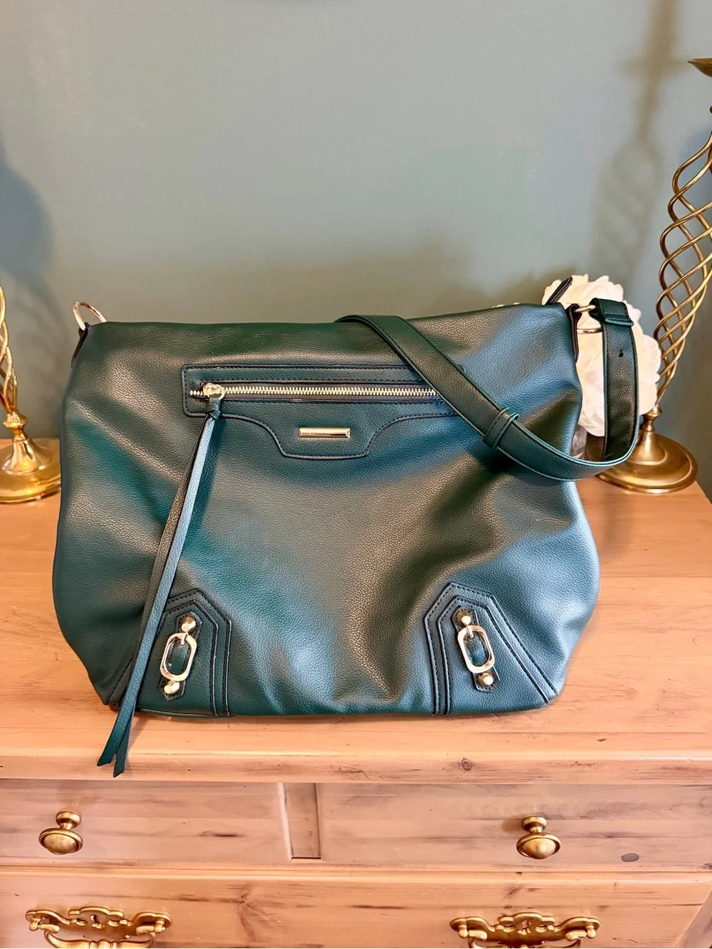Emerald Green Slouch Hobo Bag Gold Hardware Boho Shoulder Purse - Picture 2 of 13